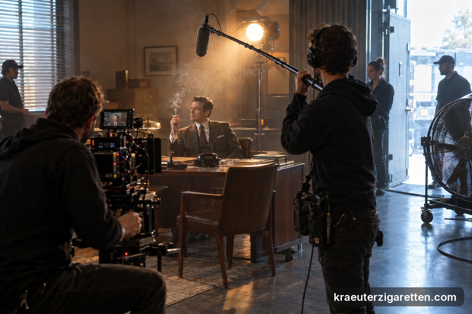Rauchszene im Studio – Ein Filmset in einem Büro der 1960er-Jahre