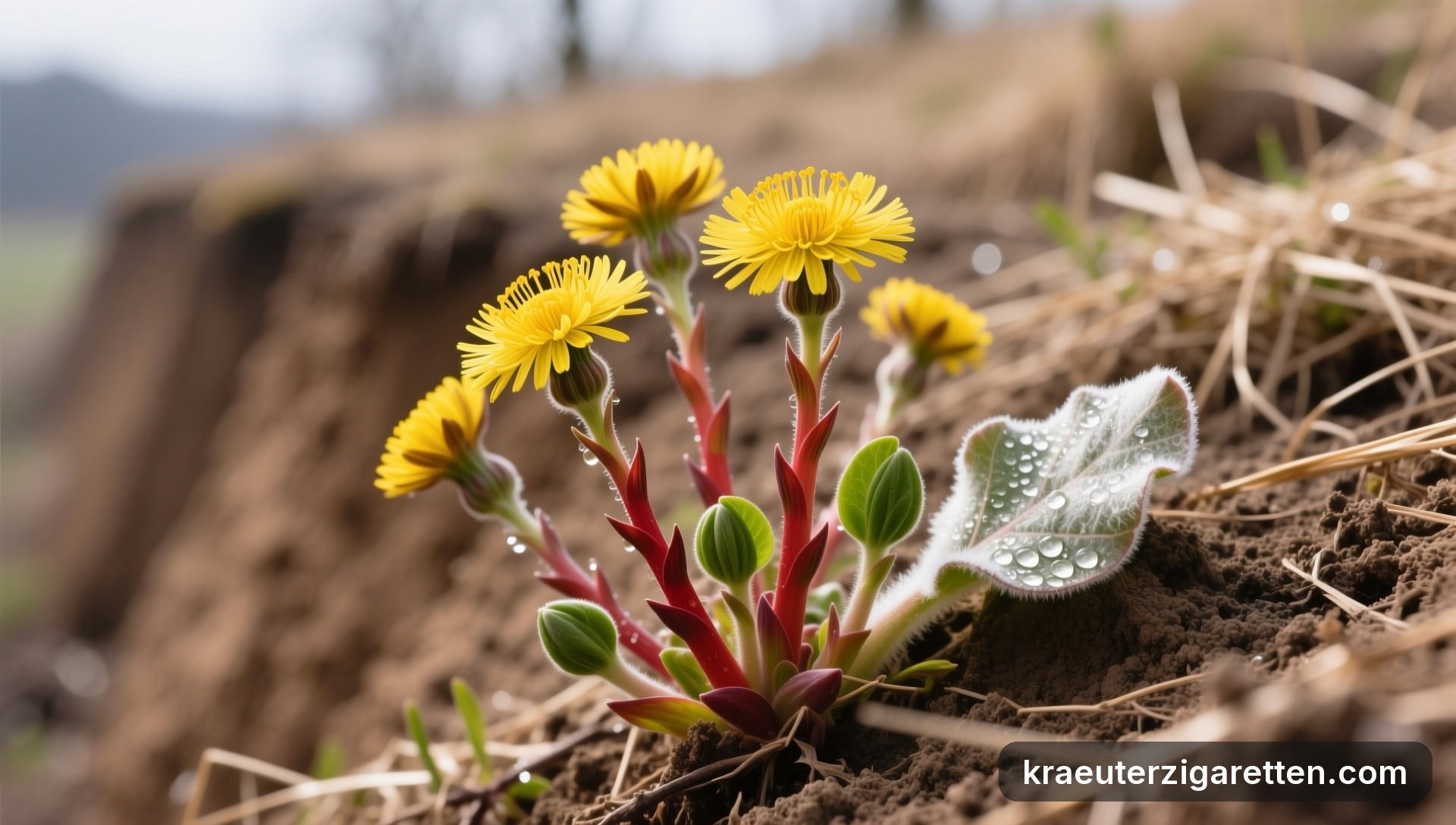 Huflattich im Frühjahr – Botanische Nahaufnahme blühenden Huflattichs an einer lehmigen Böschung im zeitigen Frühjahr