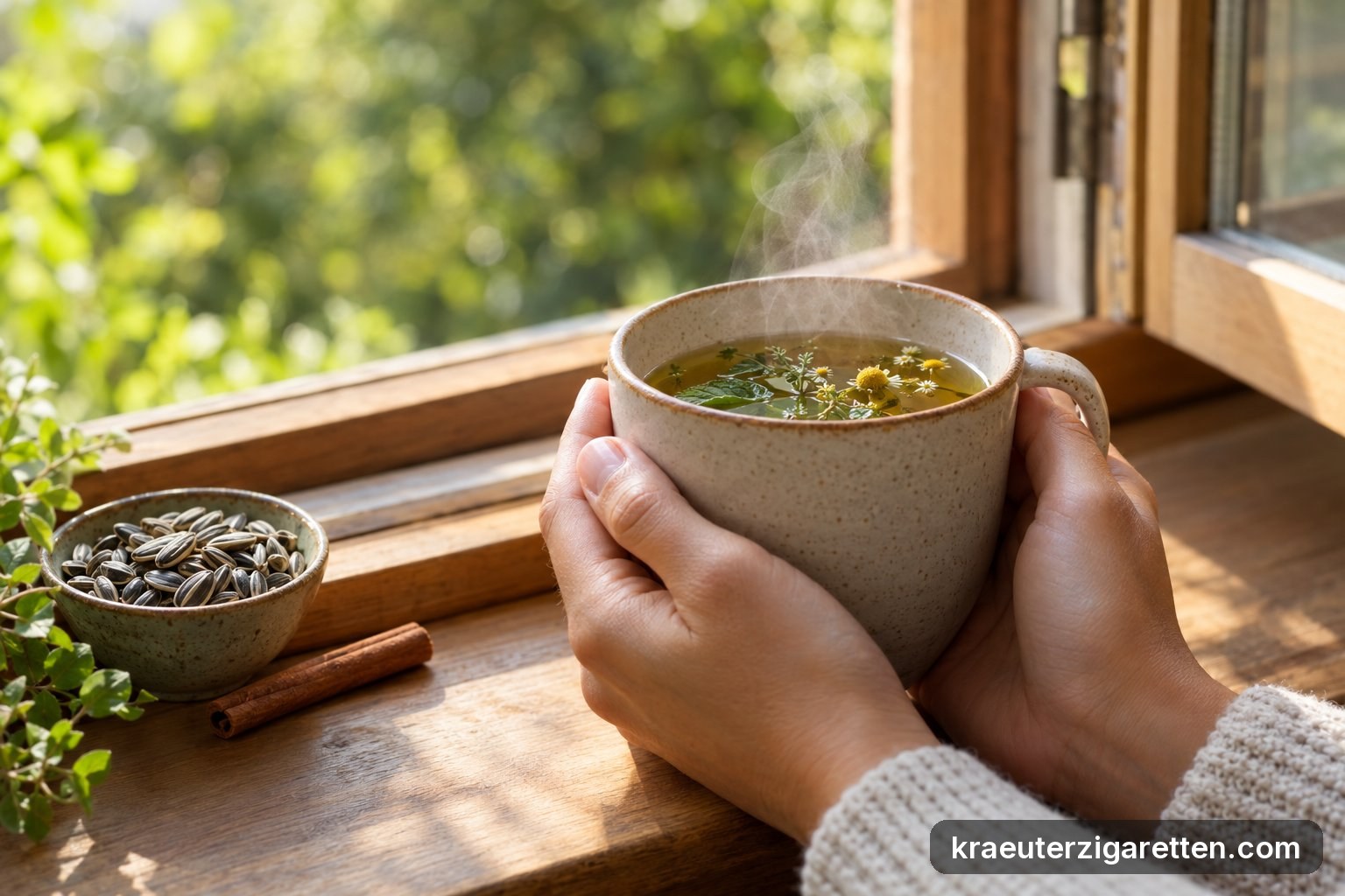 Rauchfreie Ersatzhandlungen – Nahaufnahme zweier Hände, die eine warme Teetasse an einem geöffneten Fenster halten