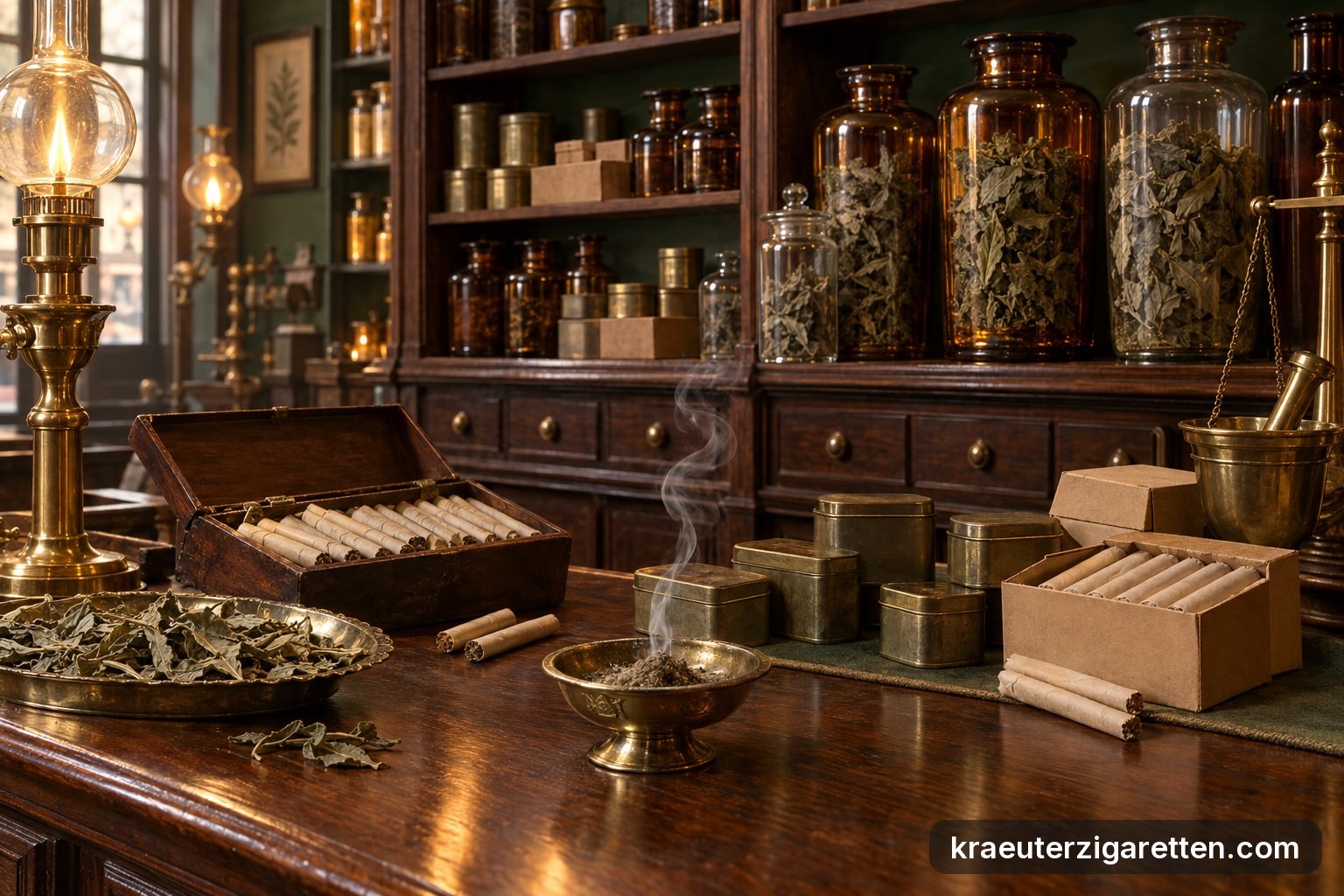 Historische Apothekenauslage mit Asthmazigaretten